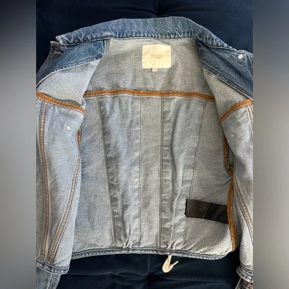 MAJE Denim Jacket, Women’s Size 38, Pointer Collar And Strap On Back